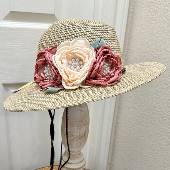 Special Event Elegant Women\'s Tweed Sun Hat With Satin Flowers And Pearls (NEW) main image 13